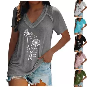 Женские топы, нарядная летняя мода, повседневная футболка с принтом, повседневная футболка с рукавом до плеча и v-образным вырезом, тонкая струящаяся туника XL чёрный