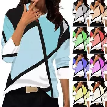 Женские топы Нарядные повседневные рубашки с длинным рукавом с круглым вырезом и принтом Повседневные туники Блузки Топы L синий