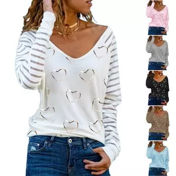 Женские топы Нарядные повседневные рубашки с длинным рукавом и U-образным вырезом Повседневные туники с принтом в виде сердца Блузки Топы L