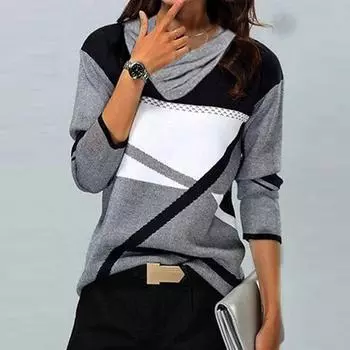 Женские топы Нарядные повседневные рубашки с длинными рукавами с перекрестным V-образным вырезом и цветными блоками Повседневная туника Блузки Топы L чёрный