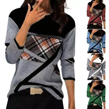 Женские топы Нарядные повседневные рубашки с длинными рукавами с круглым вырезом и клетчатым принтом Повседневные туники Блузки Топы L чёрный