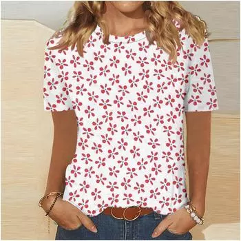 Женские топы Обычная модная футболка с круглым вырезом и короткими рукавами с принтом Топы/рубашка с круглым вырезом с короткими рукавами XXL розовый