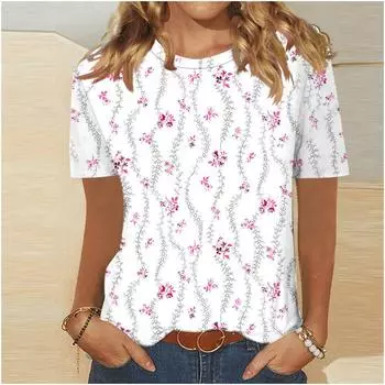 Женские топы Обычная модная футболка с круглым вырезом и короткими рукавами с принтом Топы/рубашка с круглым вырезом с короткими рукавами XXXL красный