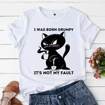 Женские топы, одежда с круглым вырезом, черные футболки с котом, забавные летние женские футболки, футболки с графическим рисунком «Я родился не моя вина», топы S белый