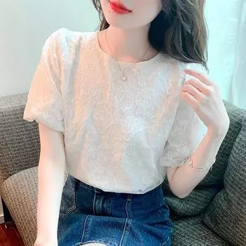 Женские топы, однотонная модная свободная одежда с круглым воротником, летняя кружевная рубашка с короткими рукавами, милая белая блузка Blusas 27491