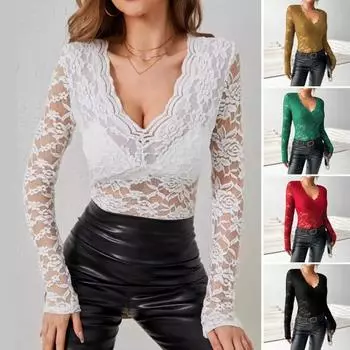 Женские топы, однотонная рубашка с V-образным вырезом и длинным рукавом, прозрачная вышитая кружевная повседневная рубашка с цветочным узором S