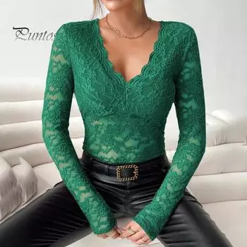 Женские топы, однотонная рубашка с V-образным вырезом и длинным рукавом, прозрачная вышитая кружевная повседневная рубашка с цветочным узором S жёлтый