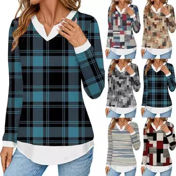 Женские топы Однотонные топы Многослойные топы с v-образным вырезом Осенние топы обычного цвета Женские однотонные топы XXL серый