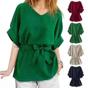 Женские топы, однотонный пояс, V-образный вырез, рукава «летучая мышь», короткие рукава 2XL вино красного