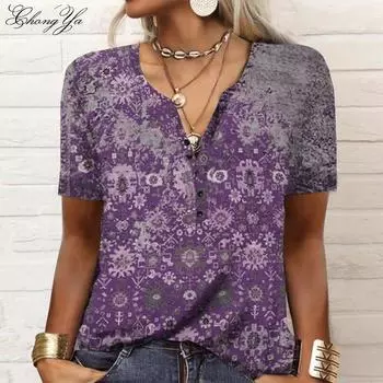 Женские топы Осень и зима Новые цветочные принты Свободная футболка с длинными рукавами и V-образным вырезом большого размера S синий