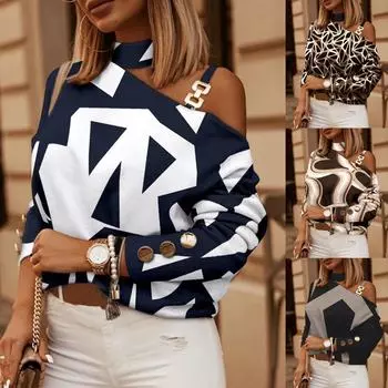 Женские топы осень/зима с длинными рукавами, цепочкой, халтер-воротом, декорированными пуговицами, с принтом M