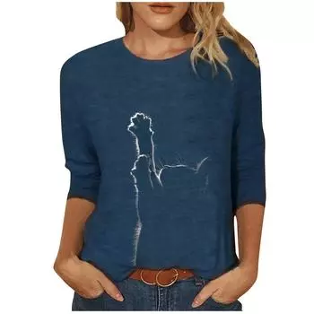 Женские топы осень-зима свободные с принтом кота повседневные футболки с длинным рукавом топ большого размера блузка M