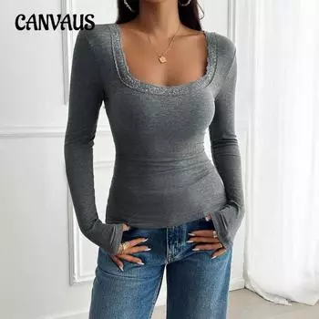 Женские топы осень-зима Y2K Temperament Slim Square Neck Long Sleeve Blow S серый