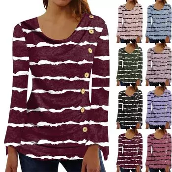 Женские топы осень-зима Женский повседневный комфортный плиссированный топ с длинным рукавом на пуговицах с принтом XXL