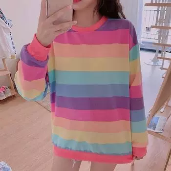 Женские топы, осенняя рубашка в радужную полоску с длинными рукавами, Harajuku, студентка, корейская версия, свободный пуловер M