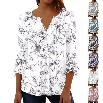 Женские топы Плиссированная футболка на пуговицах с v-образным вырезом и рукавами 3/4 с цветочным принтом L чёрный