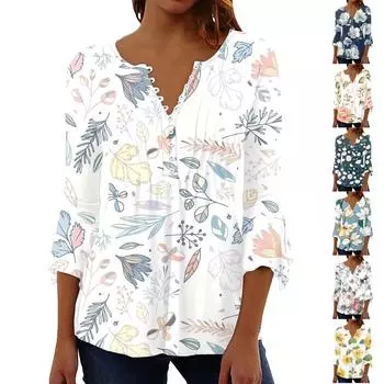 Женские топы Плиссированная футболка на пуговицах с v-образным вырезом и рукавами 3/4 с цветочным принтом M жёлтый