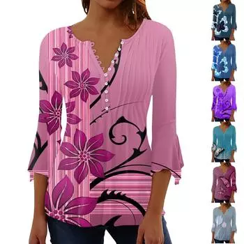 Женские топы Плиссированная футболка на пуговицах с v-образным вырезом и рукавами 3/4 с цветочным принтом S синий