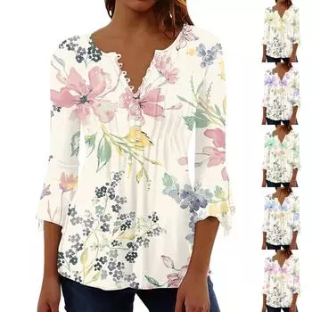 Женские топы Плиссированная футболка на пуговицах с v-образным вырезом и рукавами 3/4 с цветочным принтом S розовый
