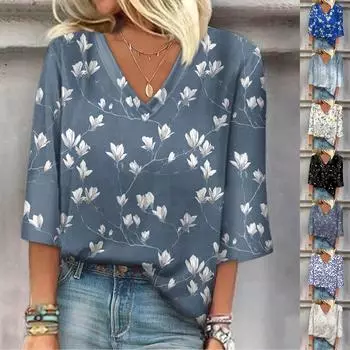 Женские топы Плиссированная футболка с v-образным вырезом и принтом, рукава три четверти M