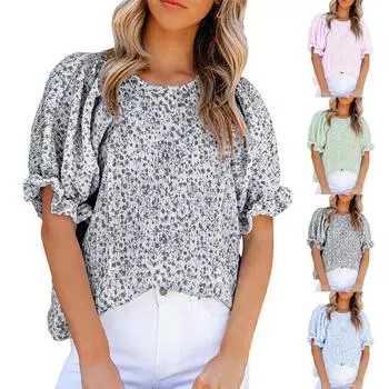 Женские топы, повседневная летняя женская рубашка с принтом, рубашка с круглым вырезом и пышными рукавами, короткий рукав L чёрный