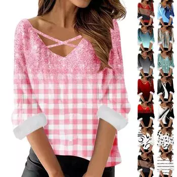 Женские топы, повседневная рубашка с принтом, модный флисовый лоскутный пуловер с рукавами 3/4 и v-образным вырезом, блузки, футболки XXXL синий
