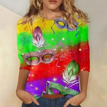 Женские топы, повседневные футболки, круглый вырез, рукав три четверти, женская футболка, ретро-футболка с принтом в этническом стиле, свободный топ Mujer S