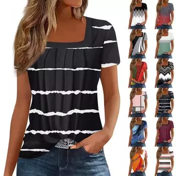 Женские топы, повседневные летние футболки с принтом, базовая футболка с коротким рукавом и квадратным вырезом L чёрный