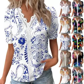 Женские топы, повседневные летние футболки с принтом, кружевная базовая футболка с коротким рукавом и v-образным вырезом L синий