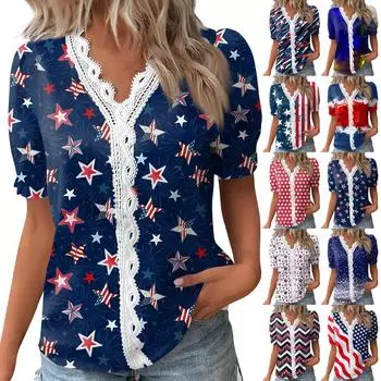 Женские топы, повседневные летние футболки с принтом, кружевная базовая футболка с коротким рукавом и v-образным вырезом