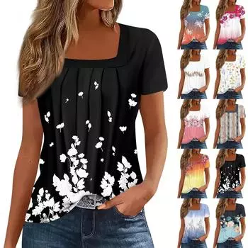 Женские топы, повседневные летние футболки с принтом, базовая футболка с коротким рукавом и квадратным вырезом L чёрный