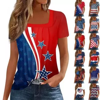 Женские топы, повседневные летние футболки с принтом ко Дню независимости, базовая футболка с коротким рукавом и квадратным вырезом L синий