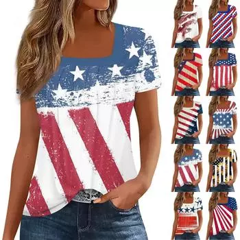 Женские топы, повседневные летние футболки с принтом ко Дню независимости, базовая футболка с коротким рукавом и квадратным вырезом L синий