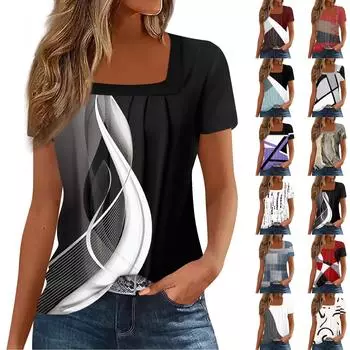 Женские топы, повседневные летние футболки с принтом, базовая футболка с коротким рукавом и квадратным вырезом L бежевый