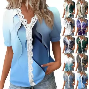 Женские топы, повседневные летние футболки с принтом, кружевная базовая футболка с коротким рукавом и v-образным вырезом L синий