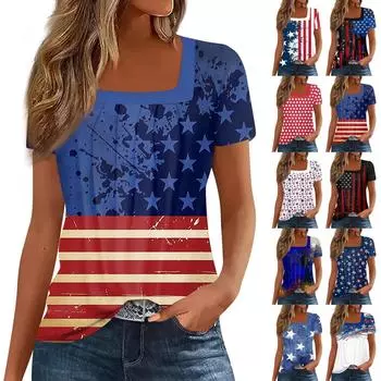 Женские топы, повседневные летние футболки с принтом ко Дню независимости, базовая футболка с коротким рукавом и квадратным вырезом M красный
