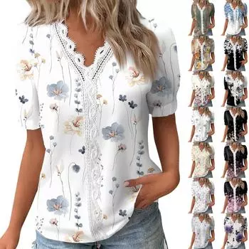 Женские топы, повседневные летние футболки с принтом, кружевная базовая футболка с коротким рукавом и v-образным вырезом L армия зеленый