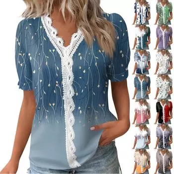 Женские топы, повседневные летние футболки с принтом, кружевная базовая футболка с коротким рукавом и v-образным вырезом M