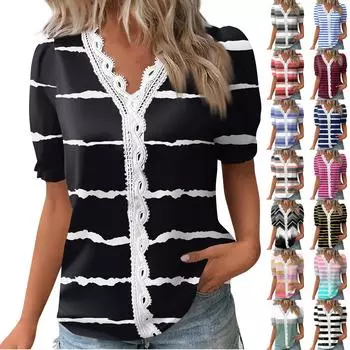 Женские топы, повседневные летние футболки с принтом, кружевная базовая футболка с коротким рукавом и v-образным вырезом S разноцветный