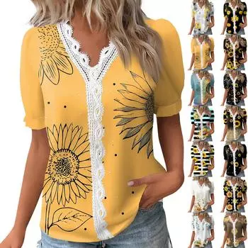 Женские топы, повседневные летние футболки с принтом, кружевная базовая футболка с коротким рукавом и v-образным вырезом L бежевый