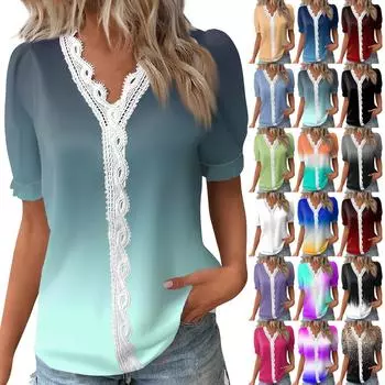 Женские топы, повседневные летние футболки с принтом, кружевная базовая футболка с коротким рукавом и v-образным вырезом L чёрный