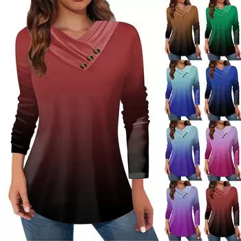 Женские топы, повседневные рубашки с длинными рукавами и пуговицами на шее, модные лоскутные блузки с винтажным принтом, футболки L синий