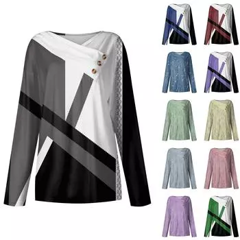 Женские топы, повседневные рубашки с длинными рукавами и пуговицами на шее, модные лоскутные блузки с винтажным принтом, футболки L синий