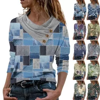 Женские топы, повседневные рубашки с длинными рукавами и пуговицами на шее, модные лоскутные блузки с винтажным принтом, футболки M