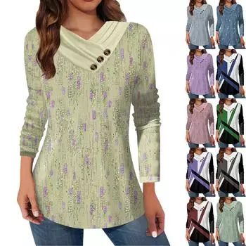 Женские топы, повседневные рубашки с длинными рукавами и пуговицами на шее, модные лоскутные блузки с винтажным принтом, футболки L синий