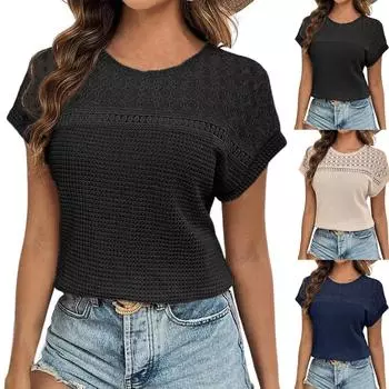 Женские топы Повседневные рубашки с круглым вырезом и коротким рукавом с вырезом Свободные туники Топы Блузки M чёрный