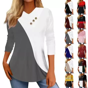 Женские топы, повседневные рубашки с пуговицами и рукавами 3/4, модные лоскутные блузки с принтом, футболки L чёрный