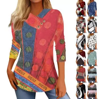 Женские топы, повседневные рубашки с пуговицами и рукавами 3/4, модные лоскутные блузки с принтом, футболки L чёрный