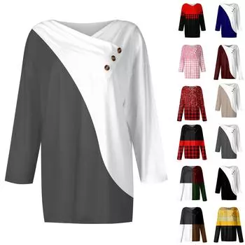 Женские топы, повседневные рубашки с пуговицами и рукавами 3/4, модные лоскутные блузки с принтом, футболки L чёрный