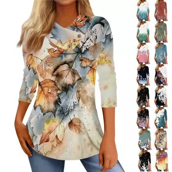 Женские топы, повседневные рубашки с пуговицами и рукавами 3/4, модные лоскутные блузки с принтом, футболки L армия зеленый